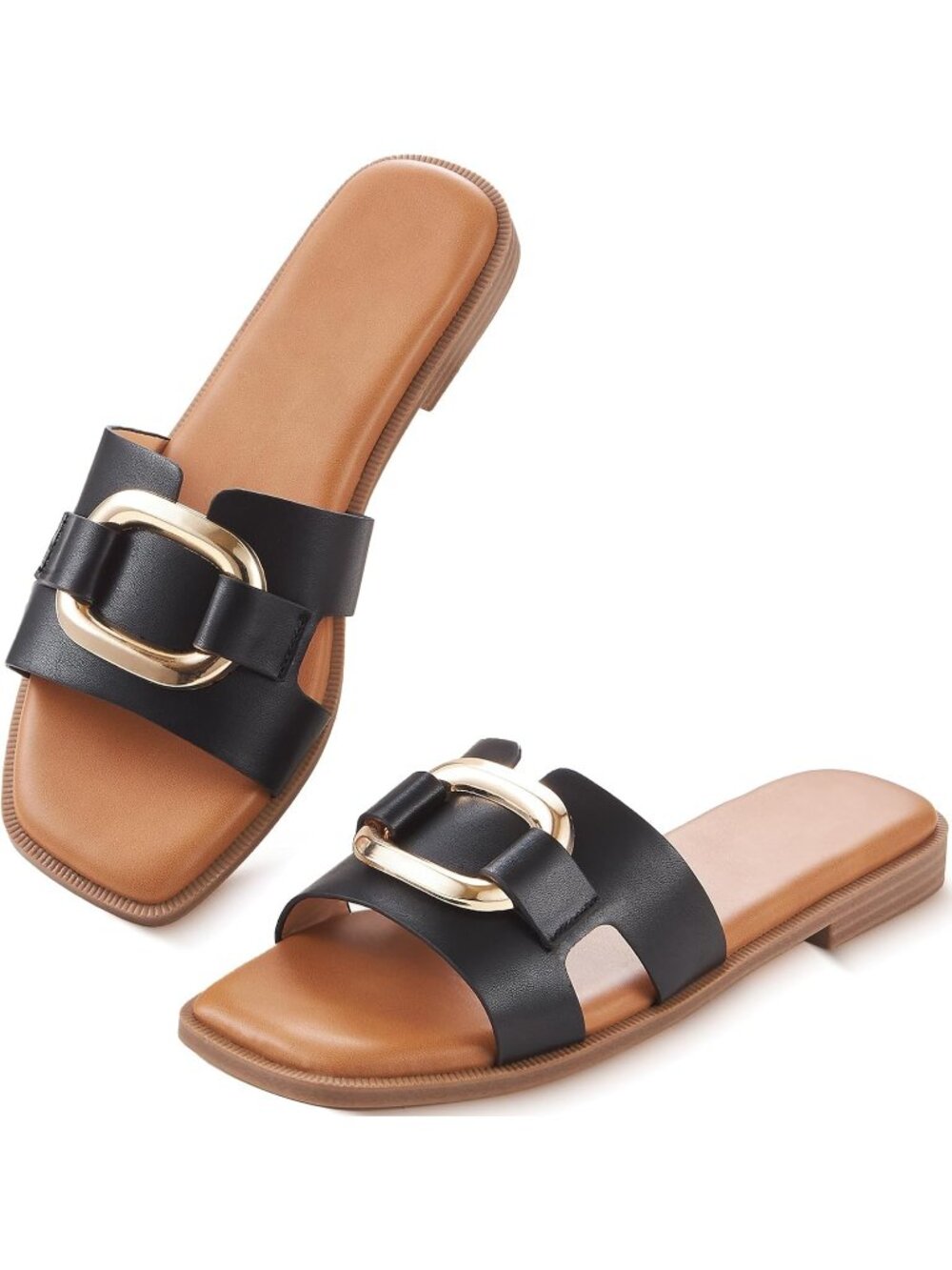 Women's Gold Black Slip On Flat Loafers Comfortable Square Casual PU Leather